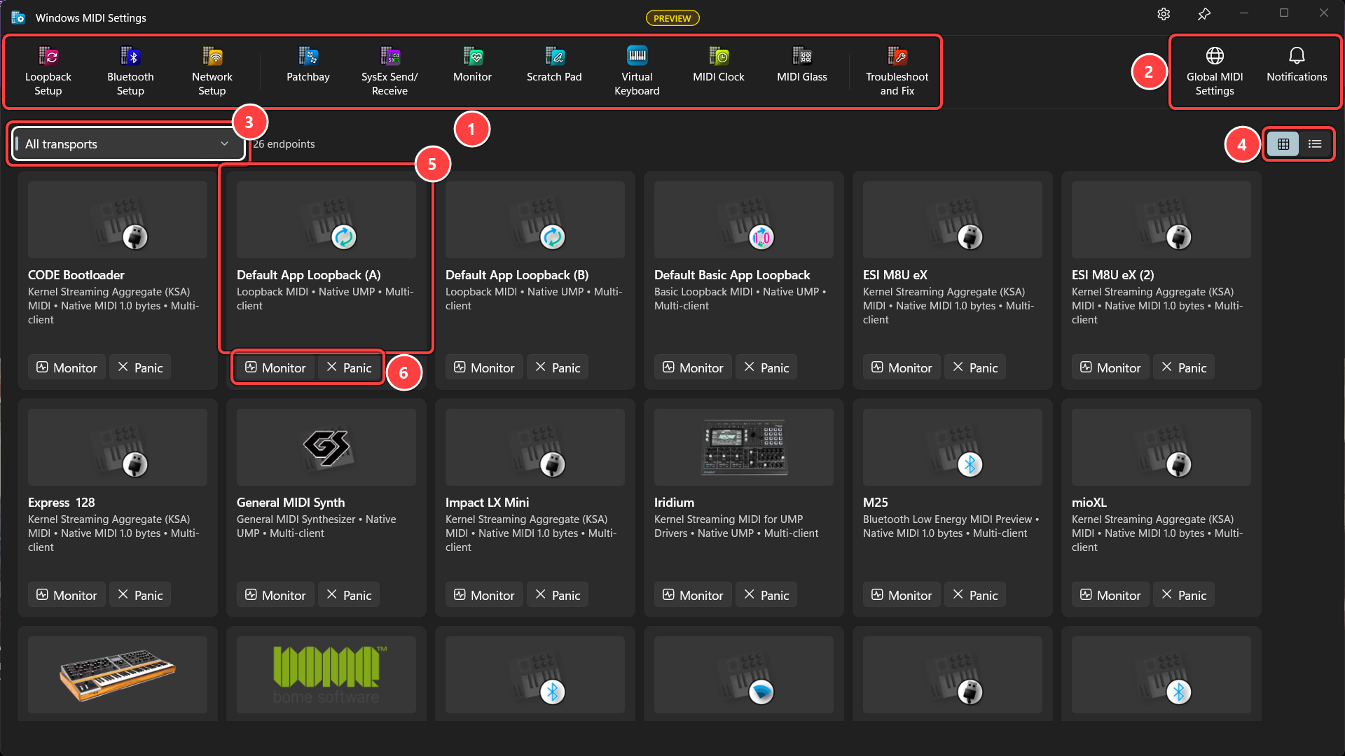 The Windows MIDI Settings main window, with numbered callouts on the app toolbar, the Global MIDI Settings and Notifications buttons, the transport list, the card and list view buttons, an endpoint card, and its Monitor and Panic buttons