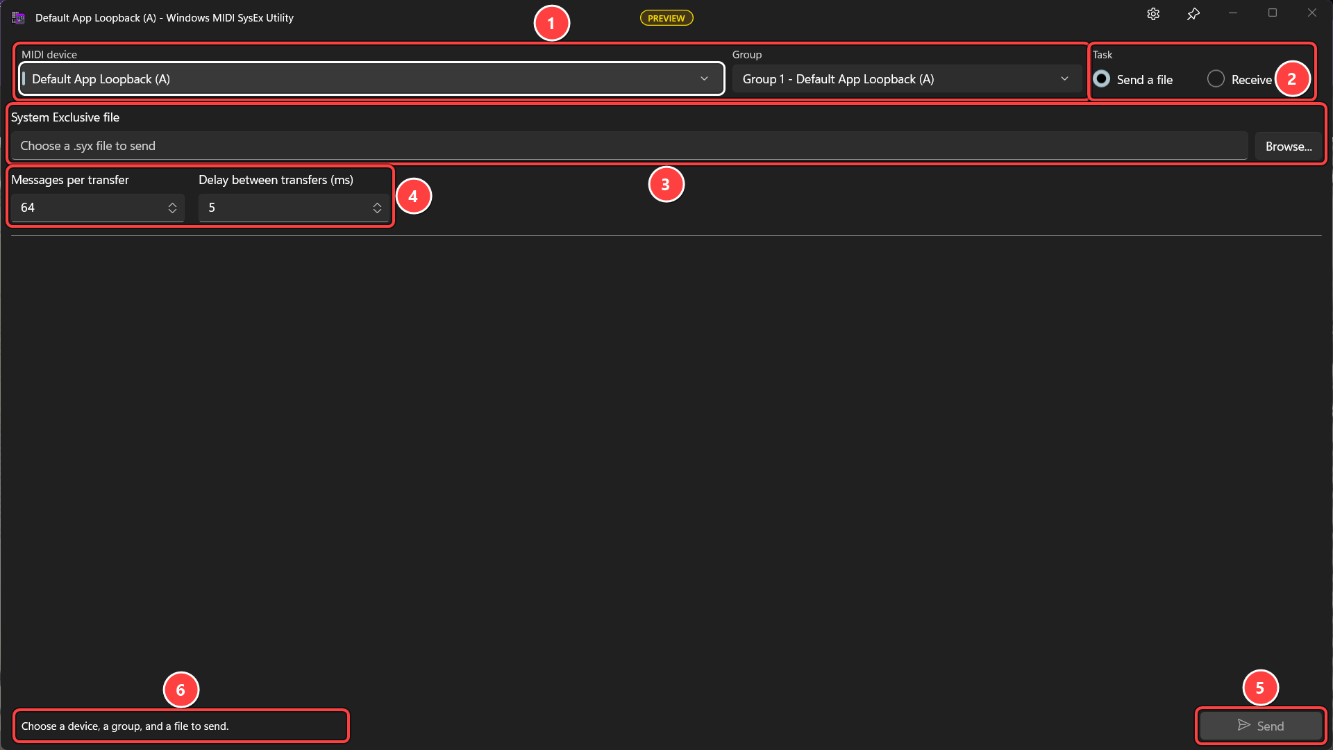 The Windows MIDI SysEx Utility window ready to send, with numbered callouts on the MIDI device and Group lists, the Task buttons, the file box and Browse button, the transfer settings, the Send button, and the status line