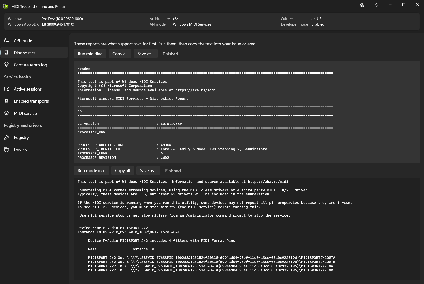The two diagnostic reports, with output