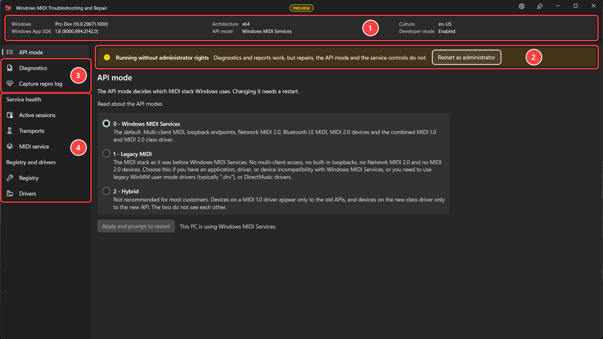 The Windows MIDI Troubleshooting and Repair window, with numbered callouts on the system information strip, the administrator banner, the Diagnostics and Capture repro log pages, and the rest of the pages