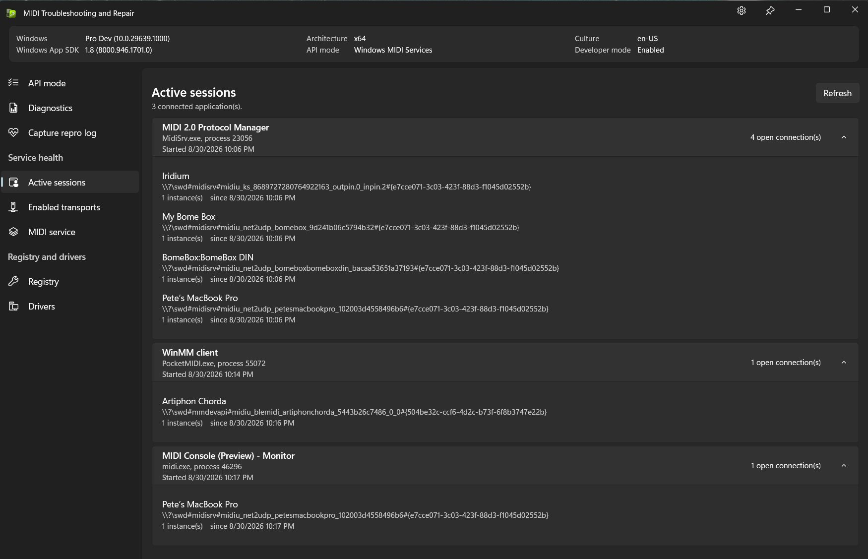 The applications connected to the MIDI service and what each has open