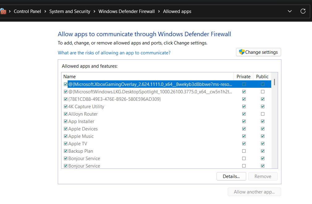 Firewall control panel page