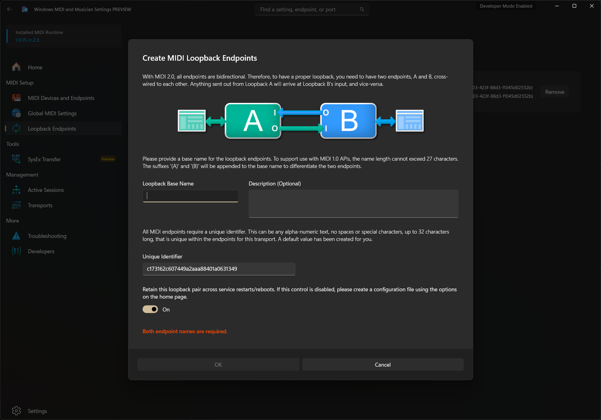 MIDI Settings application Showing Loopbacks