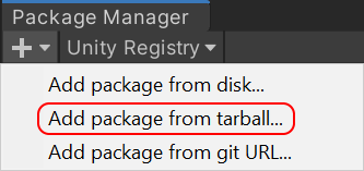 Add package from tarball menu in the Package Manager window