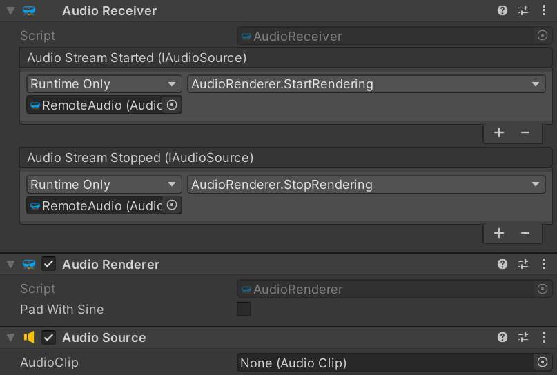 Connecting the AudioReceiver Unity component to an AudioRenderer and AudioSource components for audio rendering