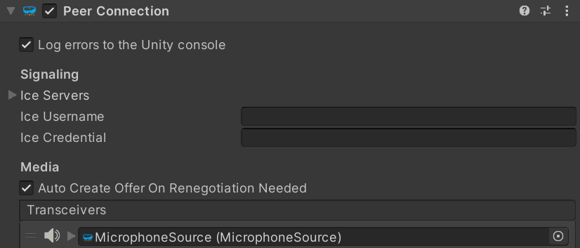 Adding the MicrophoneSource Unity component to a PeerConnection component