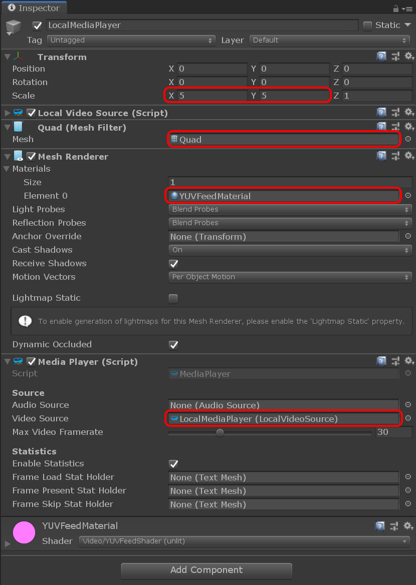 Configuring the media player to render the local video source