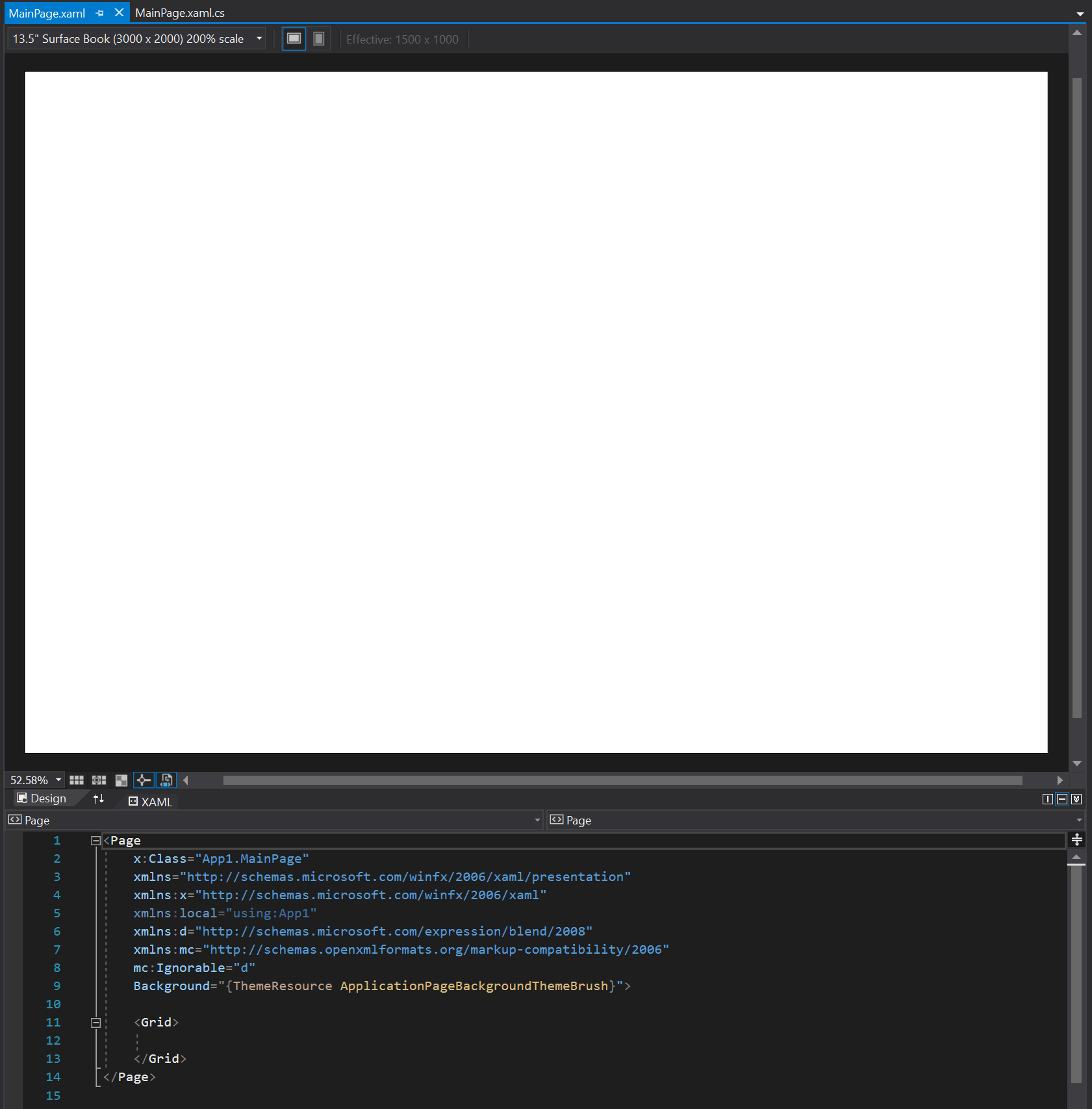 XAML visual editor for the MainPage page