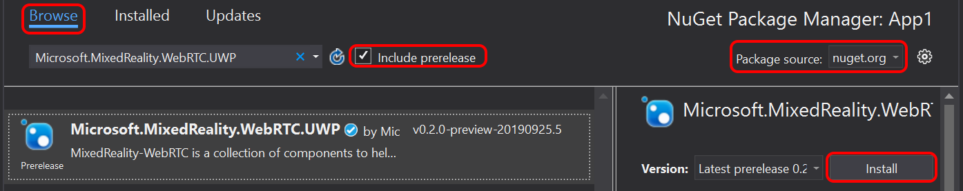 Install the MixedReality-WebRTC NuGet package