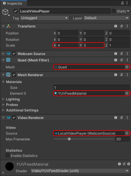 Configuring the media player to render the webcam source