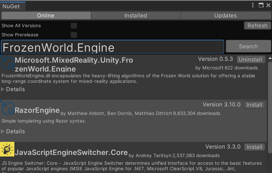 NuGet for Unity with Frozen World Engine