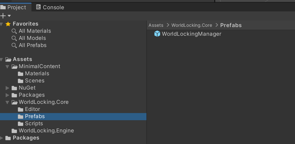 WorldLockingManager prefab in Project Assets