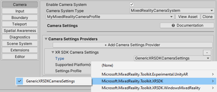 XR SDK camera settings