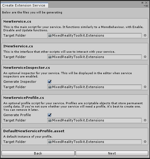 Components created by the extension service creation wizard