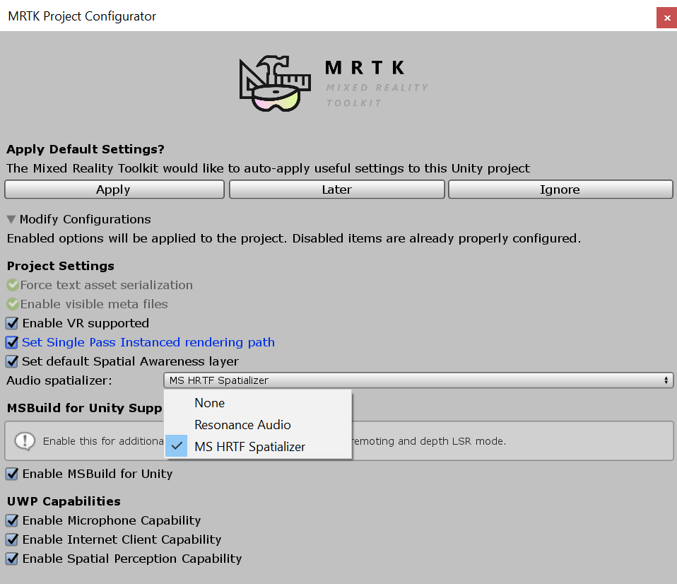 MRTK Configuration Select Spatializer