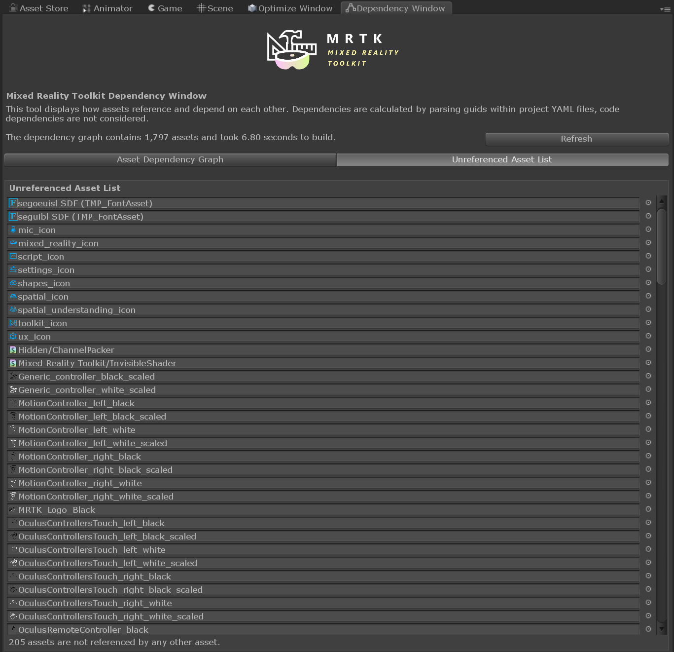 Dependency window showing unreferenced assets