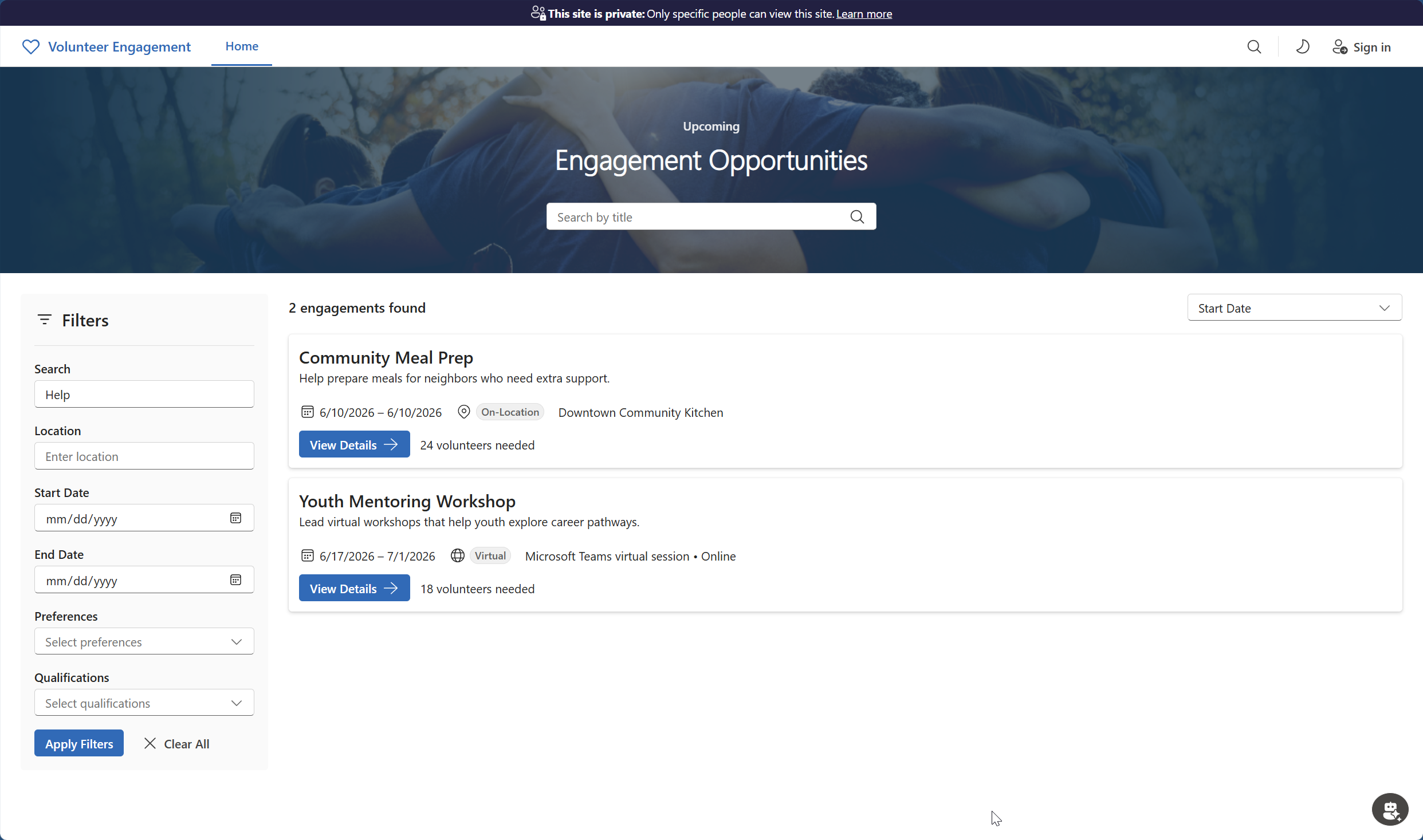 Volunteer Engagement home page