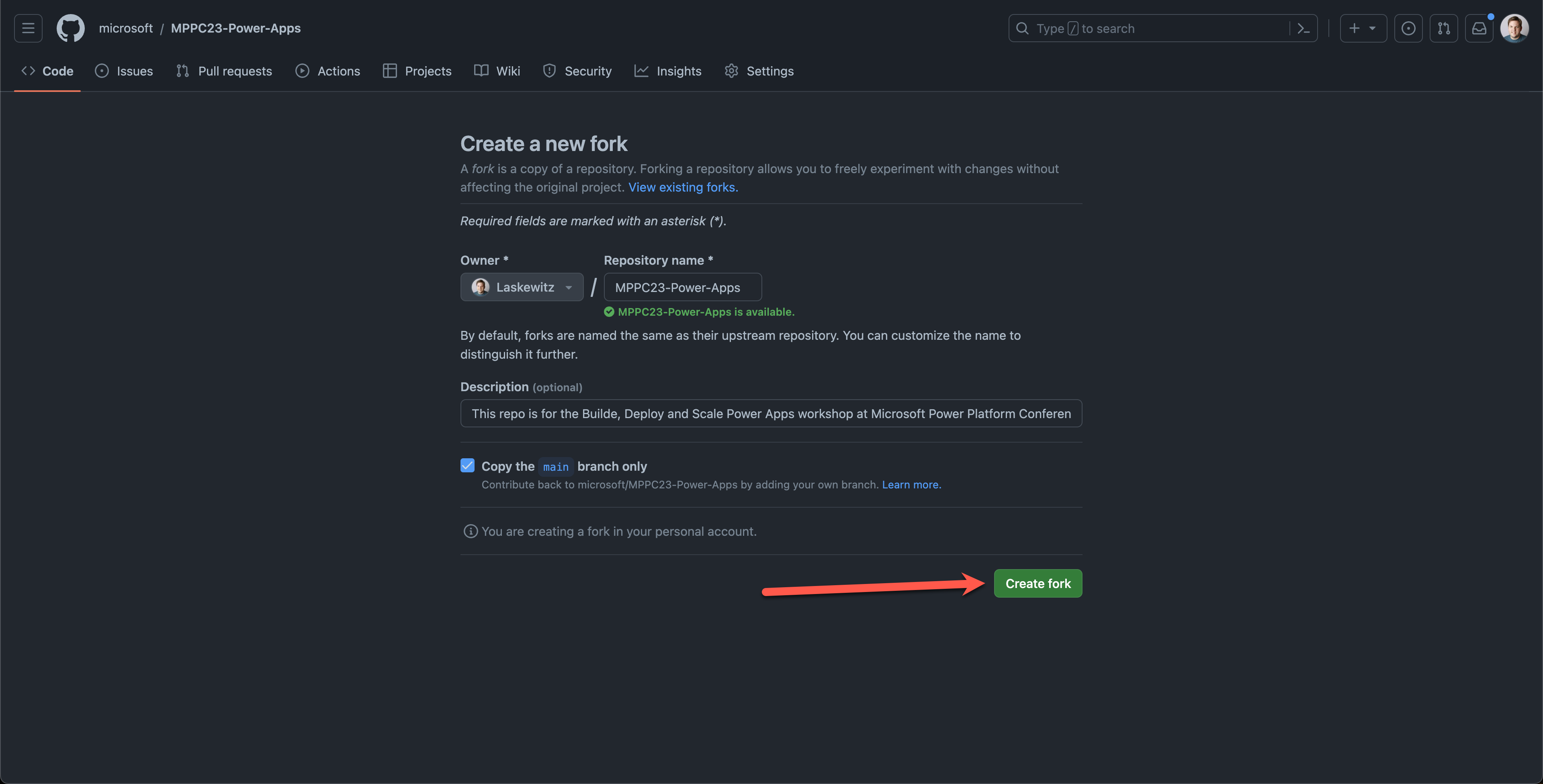 Screenshot of "Create fork" button in GitHub