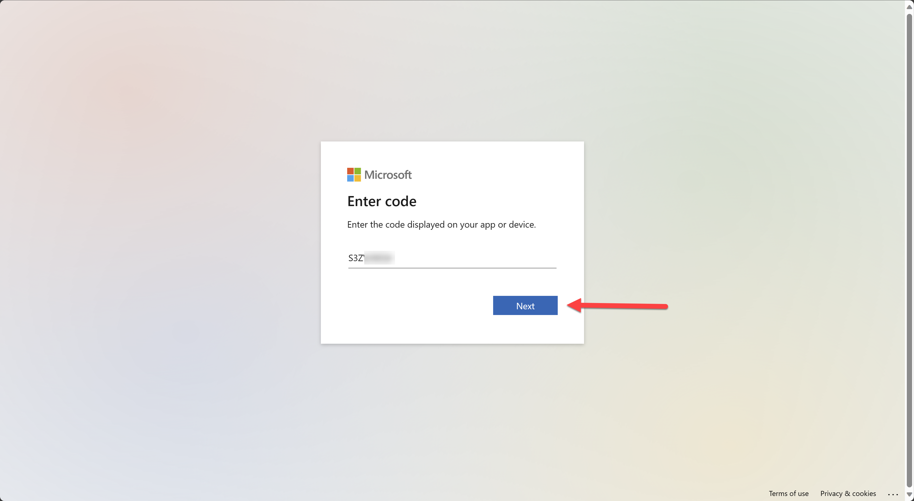 Enter code and click next