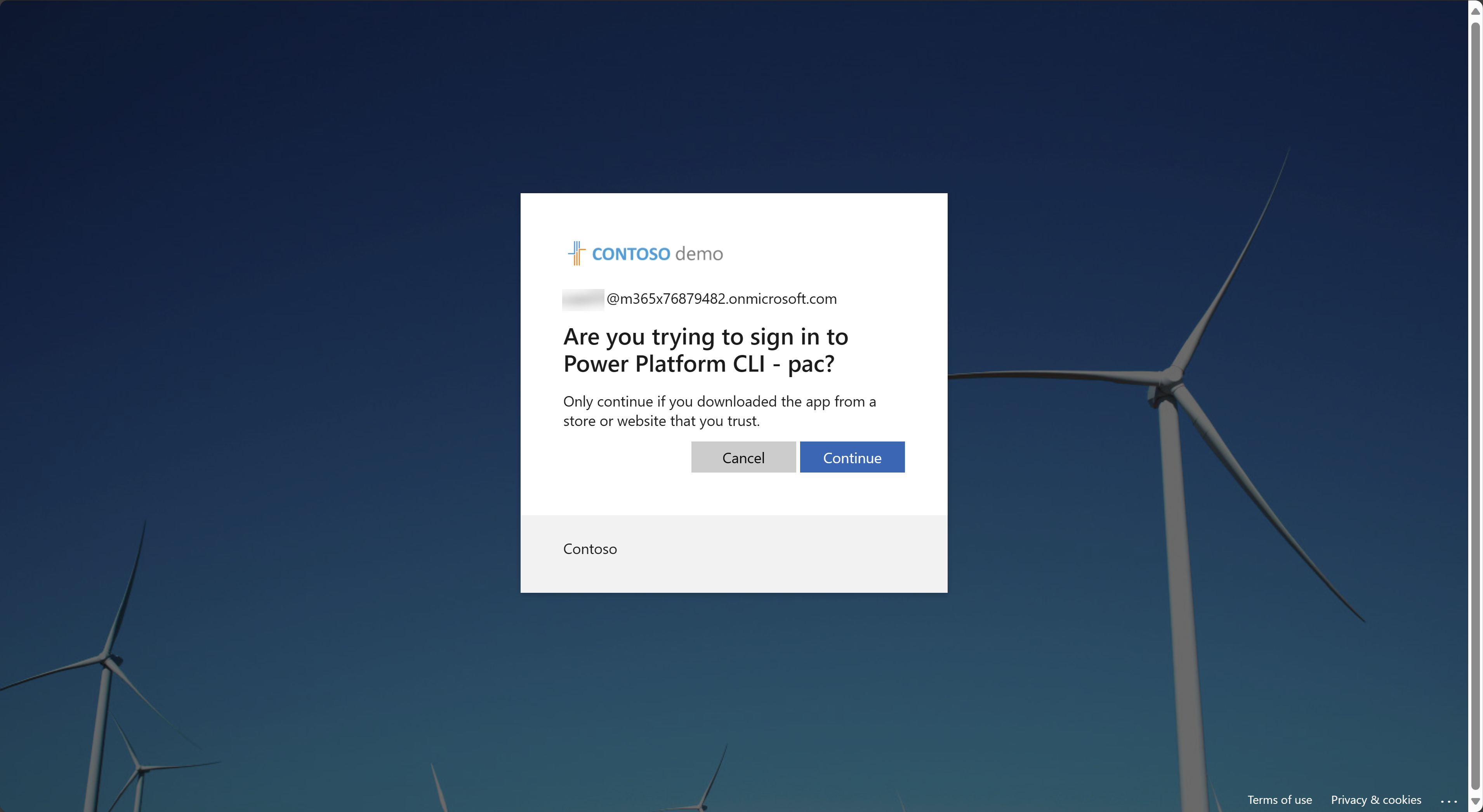 Screenshot of the Are you trying to sign in to Power Platform CLI - pac? page