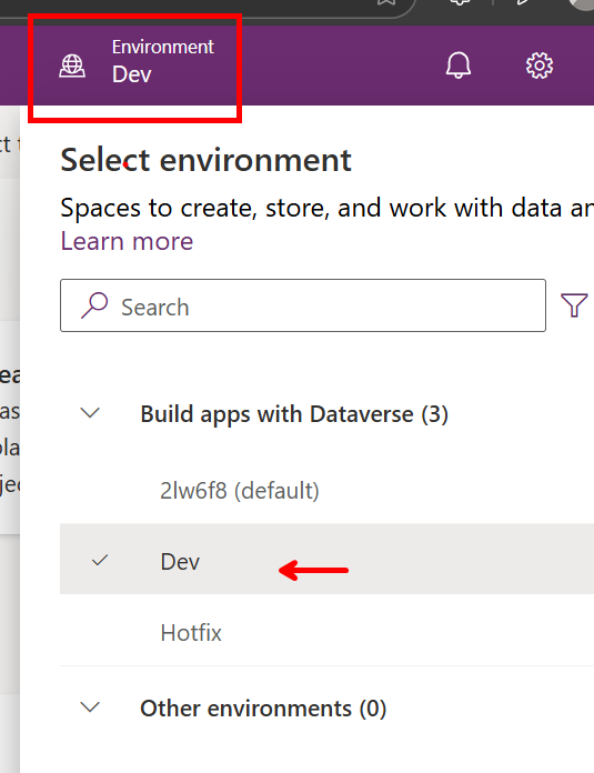 Select the environment Dev