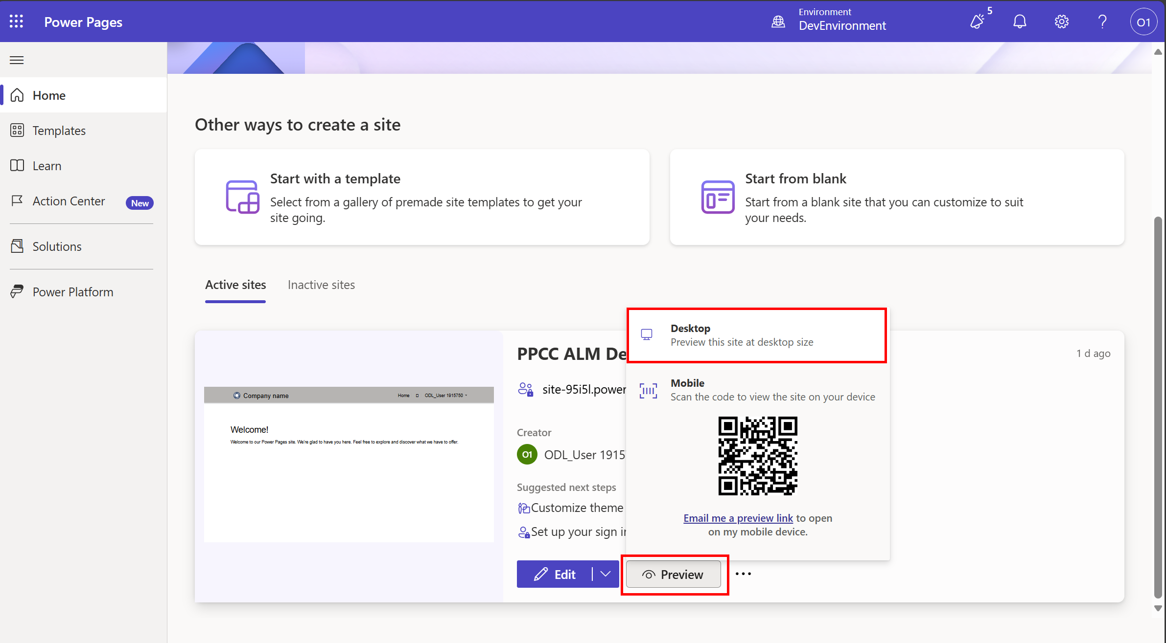 Preview Site in DevEnvironment