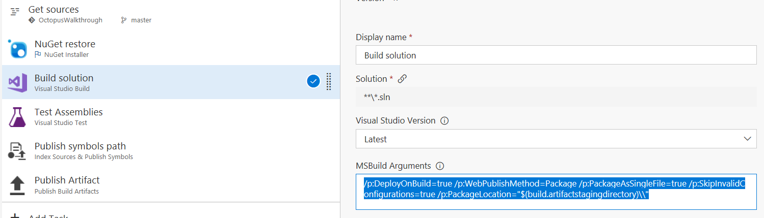 Screenshot of the Build solution (Visual Studio Build) task. On the right, the MSBuild Arguments field is highlighted.