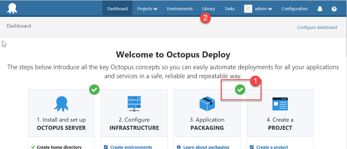 Screenshot of the Octopus Landing Page, Welcome to Octopus Deploy. The green check mark next to 3. Application Packaging, is circled and marked with a 1. On the top menu bar, the Library link is marked with a 2.