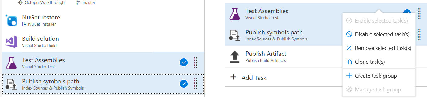 Screenshot of the Test Assemblies (Visual Studio test), and Publish symbols path (Index Sources and Publish Symbols) tasks. On the right, a pop-up menu displays with the option to Remove selected task(s).