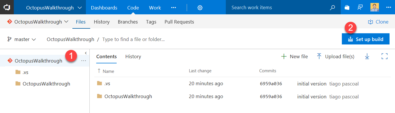 Screenshot of the VSTS dashboard, Code tab. In the left pane, OctopusWalkthrough is marked with a 1. On the right, a Set up build button is marked with a 2.