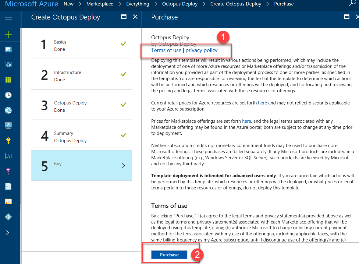 Screenshot of the Azure Portal. In the Create Octopus Deploy pane, step 5: Buy is selected. In the Purchase pane, The Terms of use privacy policy hyperlink is circled, and marked with a 1. At the bottom, the Purchase button is circled and marked with a 2.