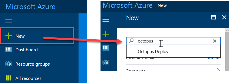 Screenshot of the Azure Portal. In the left pane, the New button is circled. In the right, New pane, Octopus is typed into the search field, resulting in a search result of Octopus Deploy.