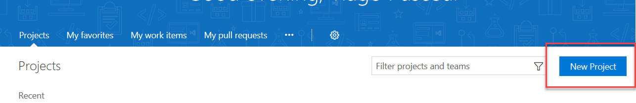 Screenshot of the VSTS landing page, Projects tab. On the right, the New Project button circled.