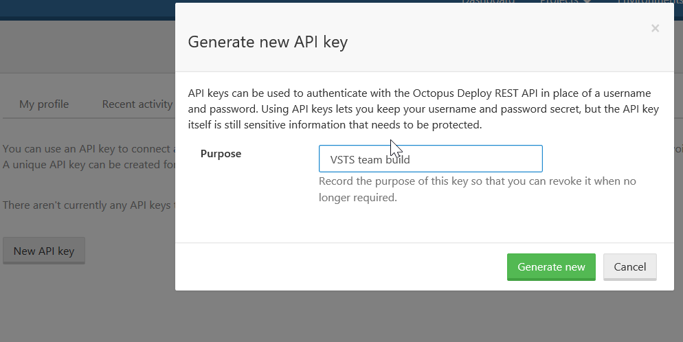 Screenshot of the Generate new API key pop-up.