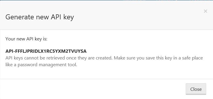 Screenshot of the Generate new API key pop-up. This time, the new API key displays.