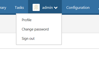 Screenshot of the Admin sub-menu, with three options: Profile, Change password, and Sign out.