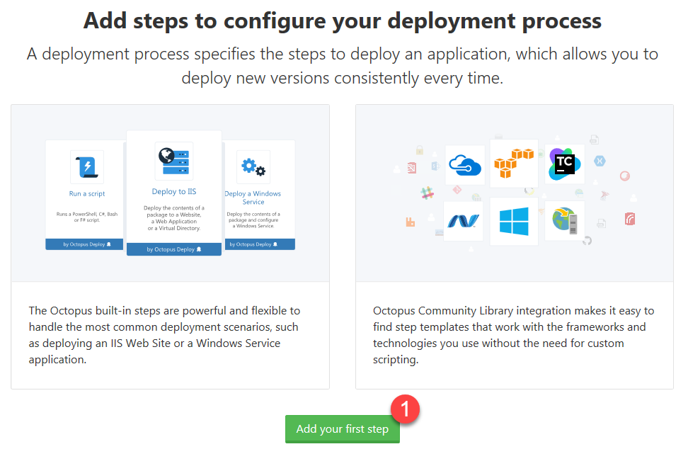 Screenshot of the Add steps to configure your deployment process message. At the bottom, the Add your first step button is marked as 1.