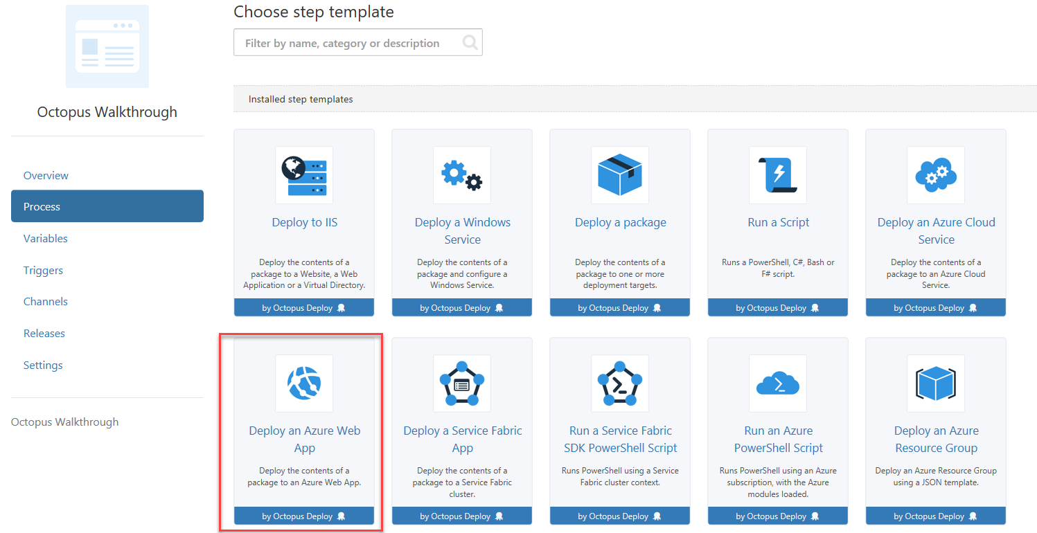 Screenshot of the Choose step template section. From the step template options below, Deploy an Azure Web app is circled.