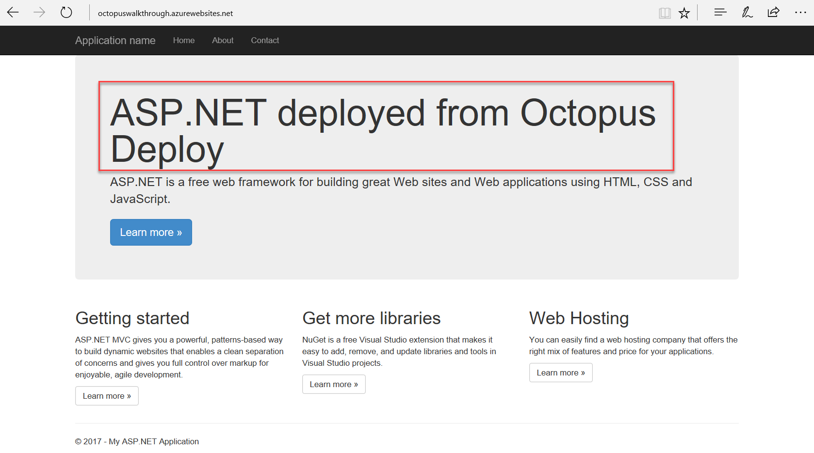 Screenshot of the ASP.NET deployed from Octopus Deploy message.