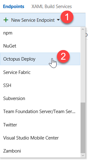 Screenshot of the Endpoints section. The New Service Endpoint is selected and marked with 1. The Octopus Deploy is selected and marked with 2.