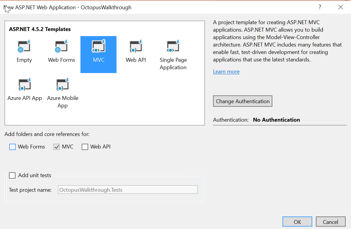 Screenshot of the ASP.NET Web Application – OctopusWalkthrough window. Under ASP.NET 4.5.2 Templates, the MVC icon is selected.