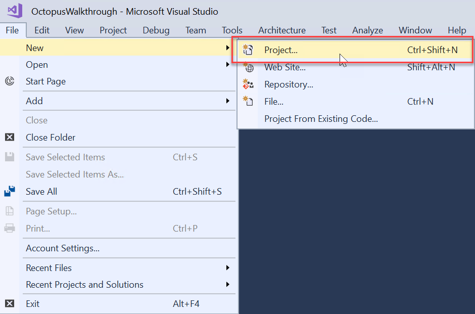 Screenshot of a Visual Studio window for Octopus Walkthrough. File/New/Project is selected.. 