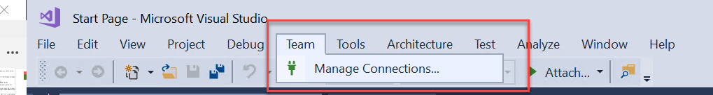 Screenshot of the Microsoft Visual Studio menu bar. The Team tab, and under it, Manage Connections is selected and circled.