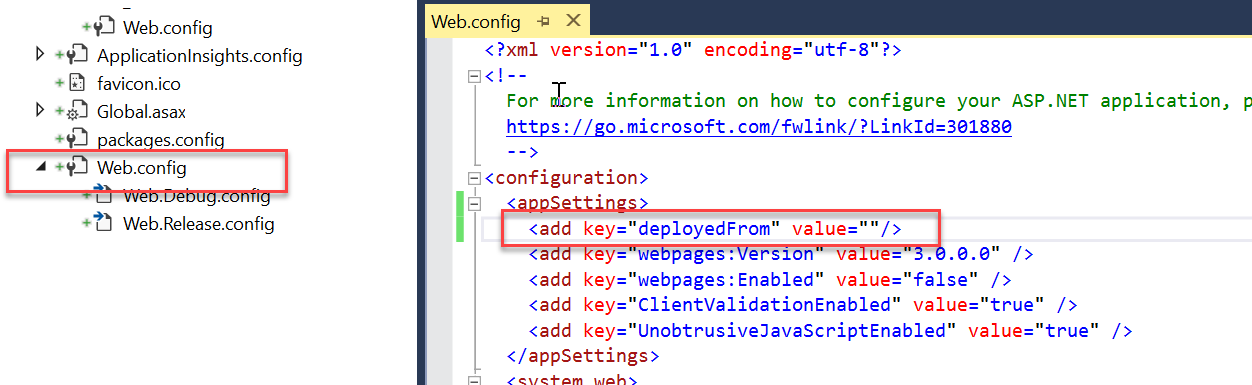 Screenshot of the Web.config link in the tree view, and the Web.config file itself. In the Web.config file, the following line of code is circled: <add key=deployedFrom” value=””/>.