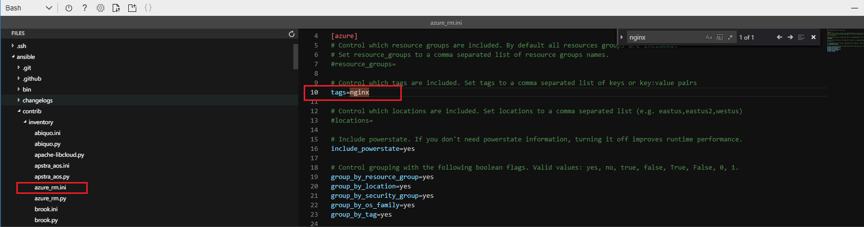 Screenshot of Azure Cloud Shell editor with the azure_rm.ini file line 10 tags value modified to nginx highlighted