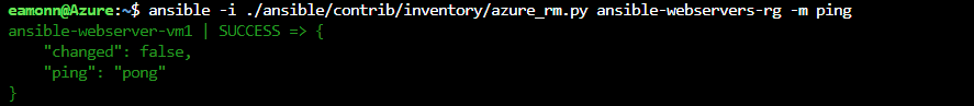 Screenshot of Azure Cloud Shell with the ansible command returning only the VM that contains the nginx tag