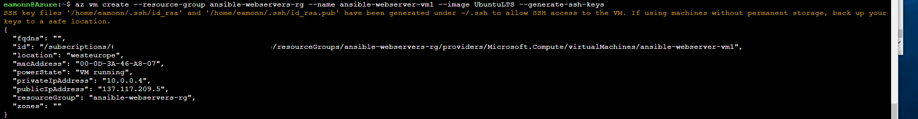 Screenshot of Azure Cloud Shell command prompt window with Azure CLI commands for creating an Ubuntu vm, vm1, successfully completed
