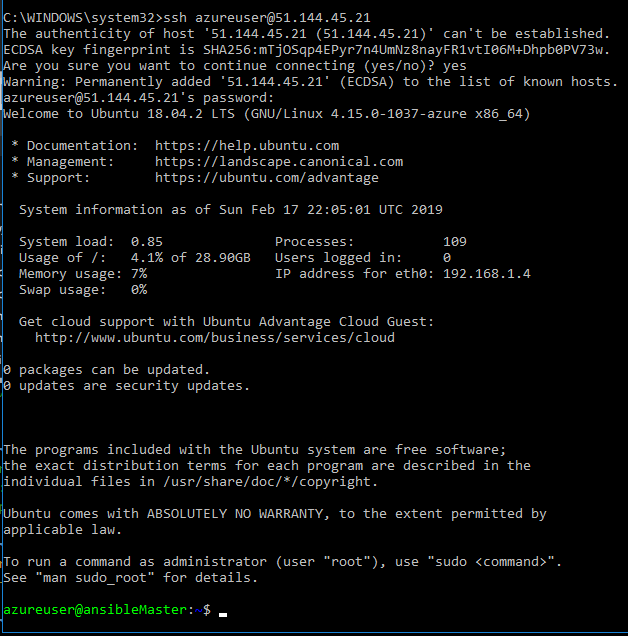 Screenshot of command prompt window with Azure CLI having successfully logged into the newly provisioned VM using the ssh command