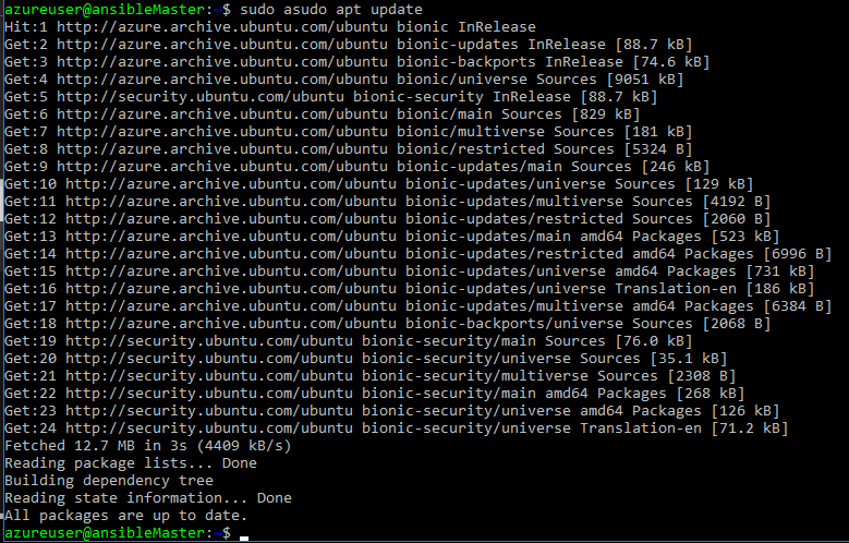 Screenshot of Ubuntu ansible control VM with the apt update command having been run successfully