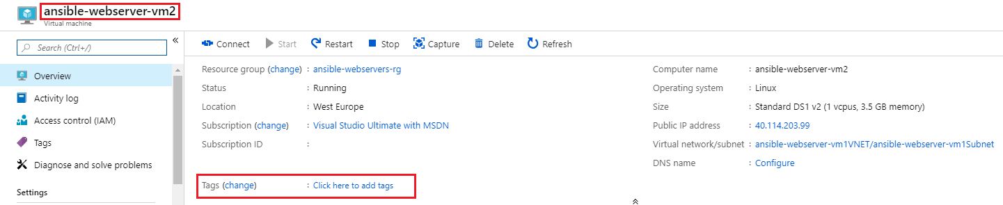 Screenshot of ansible-webserver-vm2 in the Azure Portal with the tag section containing no tags highlighted